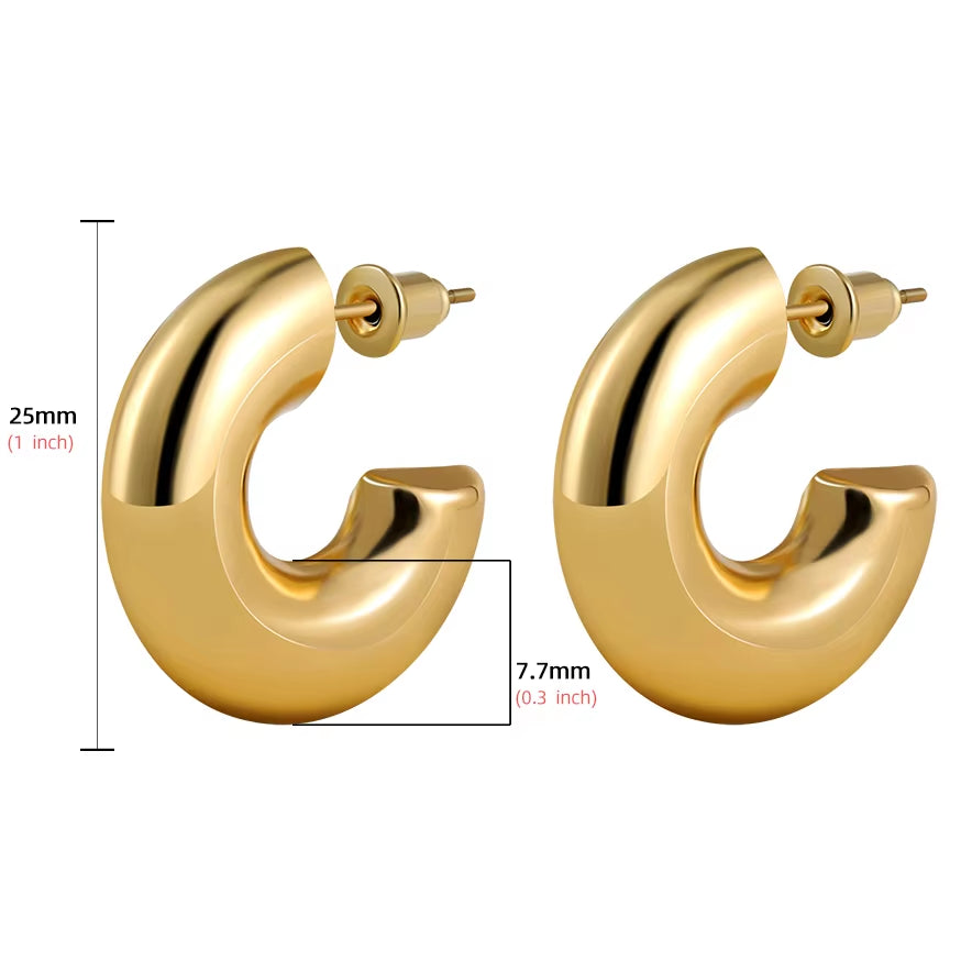 2025 New 18K Gold Plated Smooth Metal Chunky Hoop Earrings Retro Thick Huggie Earring for Women round Circle Statement Jewelry