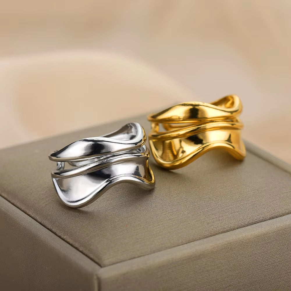 Luxury Wide Wave Rings for Women Gold Color Stainless Steel Ring 2024 Trend Elegant Aesthetic Jewelry Couple Gift Anillos Mujer