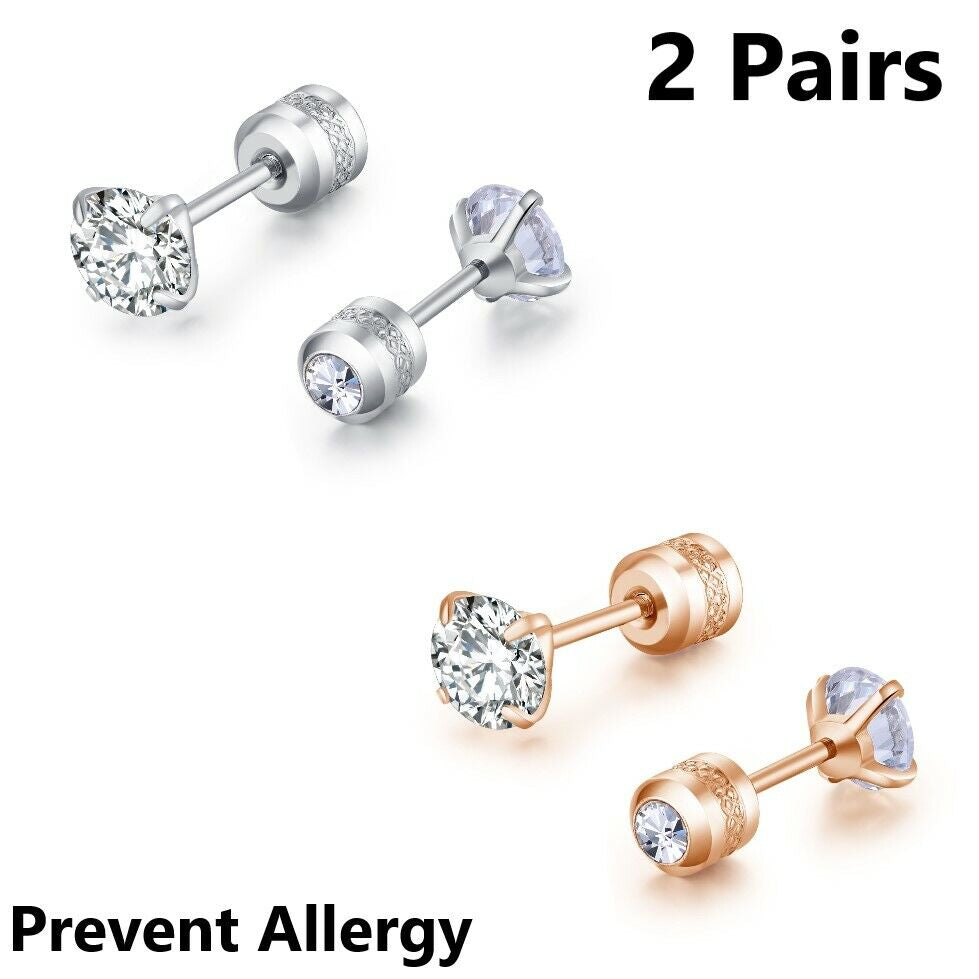 2Pair for Men Women Silver Stainless Steel CZ Earrings Screw Back Ear Stud Round