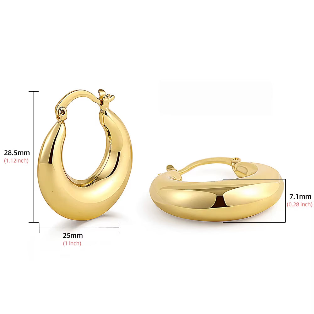 2025 New 18K Gold Plated Smooth Metal Chunky Hoop Earrings Retro Thick Huggie Earring for Women round Circle Statement Jewelry