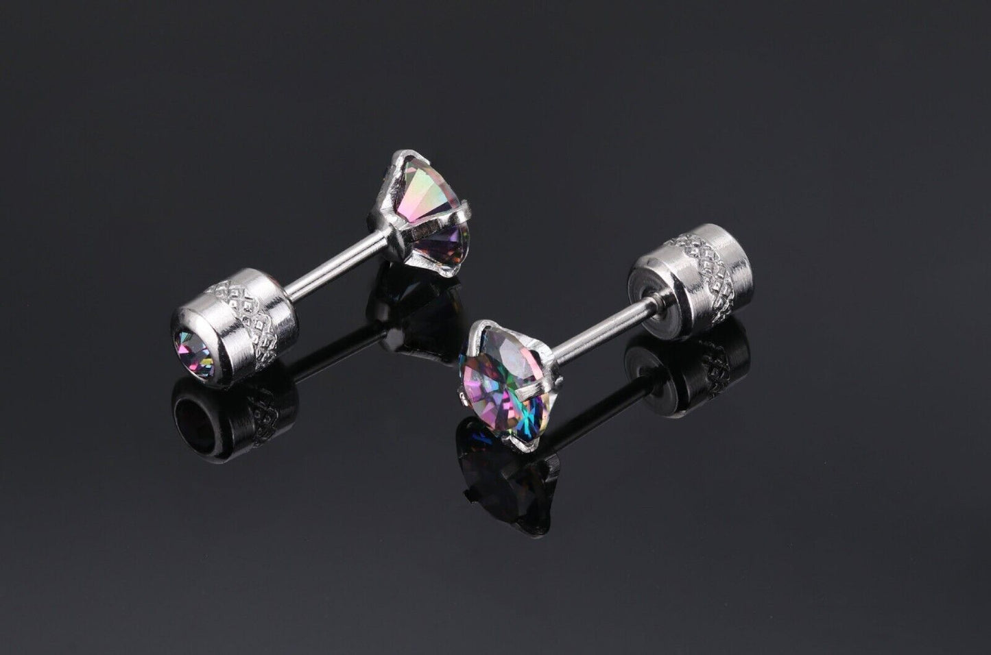 2Pair for Men Women Silver Stainless Steel CZ Earrings Screw Back Ear Stud Round