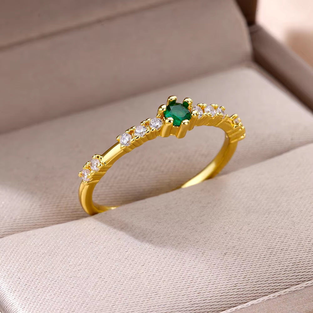 Tiny Green Zircon round Rings for Women Gold Plated Geometric Stainless Steel Oval Ring Luxury Wedding Christmas Jewelry Gift