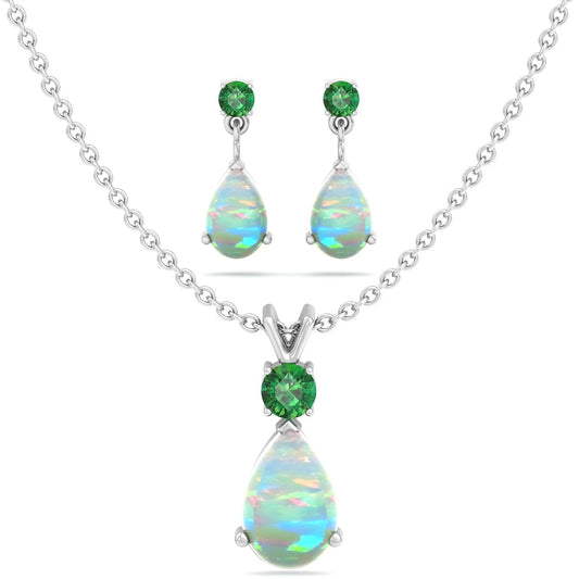 Jewelry Set for Women, Natural Pear Shaped 7X5Mm Opal and 3Mm Created Emerald Pendant Necklace and Matching Pear Shaped Opal and Emerald Stud Earrings