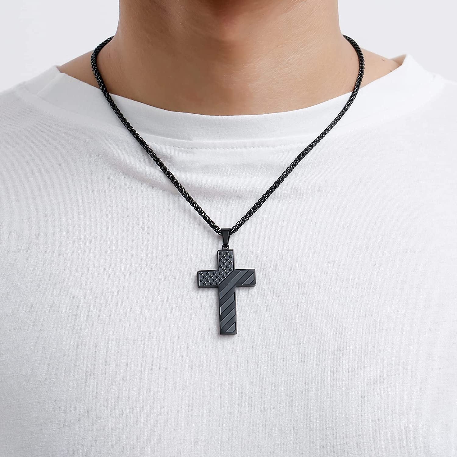 Black Cross Necklace for Men Boyfriend Son Husband Father Bible Verse Joshua 1:9 Stainless Steel USA American Flag Pendant Chain for Men Religious Valentine'S Day Jewelry Gift for Men Boyfriend