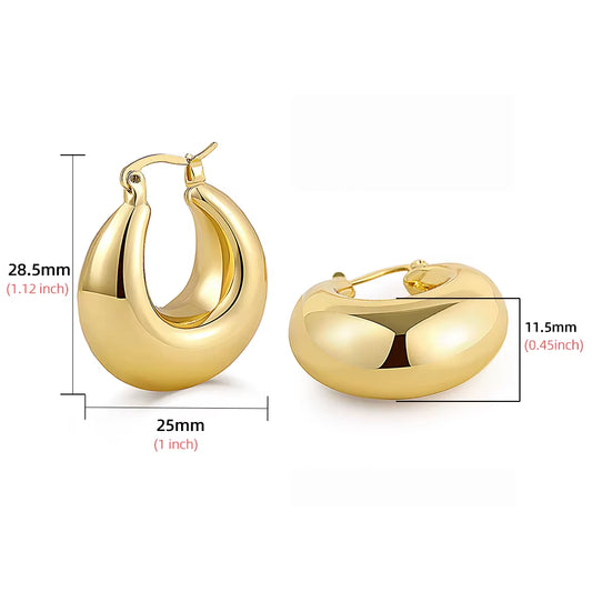 2025 New 18K Gold Plated Smooth Metal Chunky Hoop Earrings Retro Thick Huggie Earring for Women round Circle Statement Jewelry