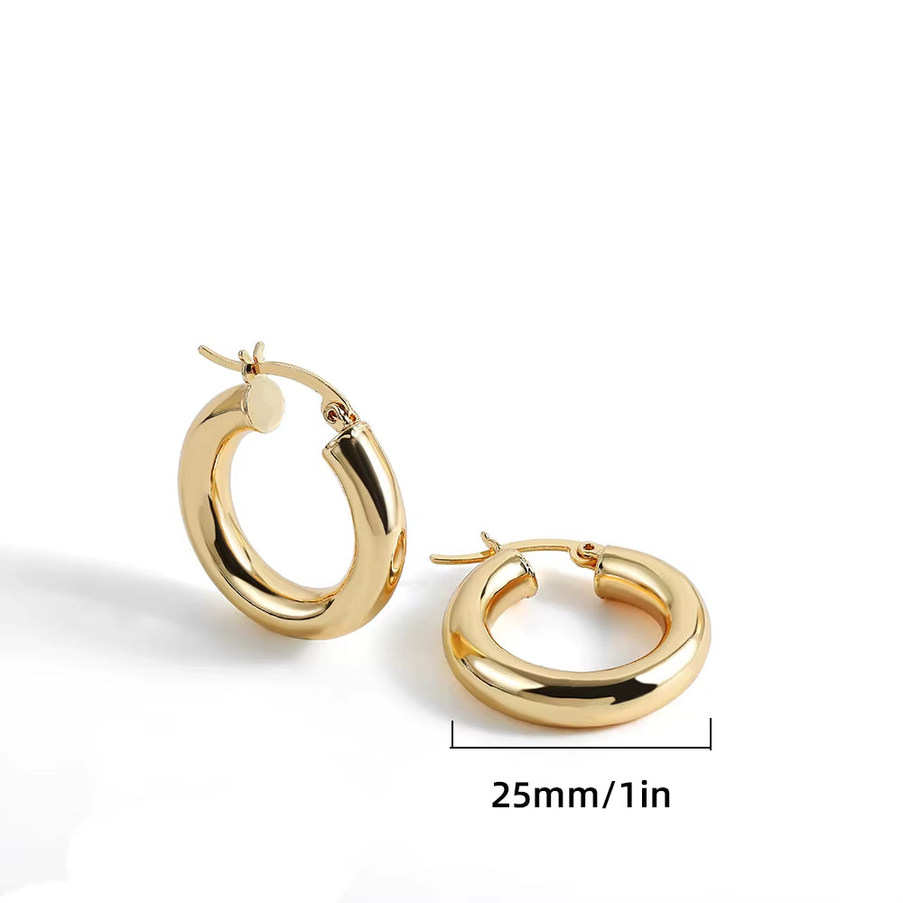 2025 New 18K Gold Plated Smooth Metal Chunky Hoop Earrings Retro Thick Huggie Earring for Women round Circle Statement Jewelry